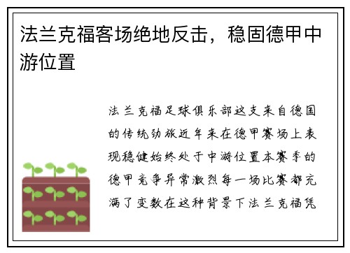 法兰克福客场绝地反击，稳固德甲中游位置